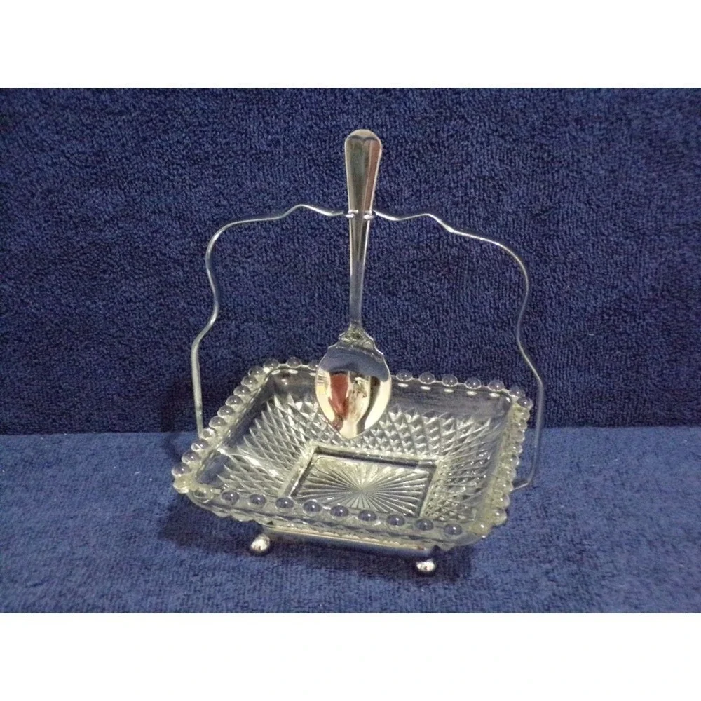 Vintage 3 Piece Square Diamond Glass Jelly Relish Dish Hanging Metal Spoon Rack